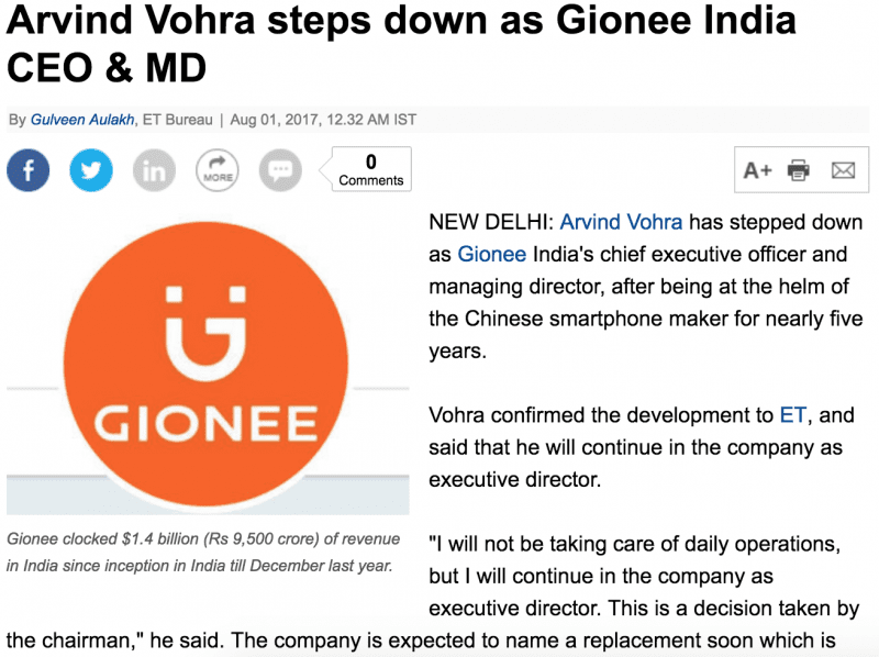 Arvind Vohra steps down as Gionee India CEO & MD