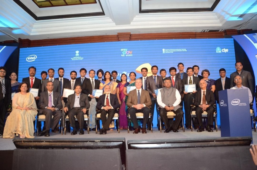 Debjani Ghosh, Greg Pearson and Ravi Shankar Prasad with Intel IFDI Top 10 Finalists