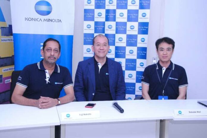 Mr. Yuji Nakata, MD, Konica Minolta India_Mr. V. Balakrishnan, Executive General Manager (EGM), Konica Minolta India_Mr. Daisoke Mori, Asia Pacific Business Manager, Konica Minolta Japan. Mr. Yuji Nakata, MD, Konica Minolta India_Mr. V. Balakrishnan, Executive General Manager (EGM), Konica Minolta India_Mr. Daisoke Mori, Asia Pacific Business Manager, Konica Minolta Japan.