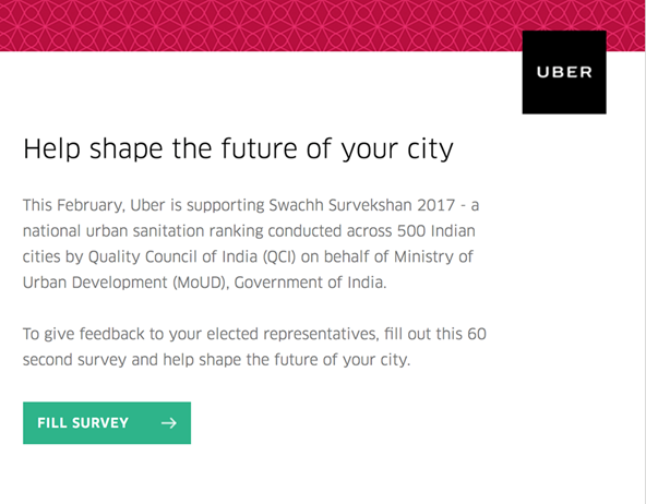 Uber Riders to Participate In Swachh Survekshan 2017