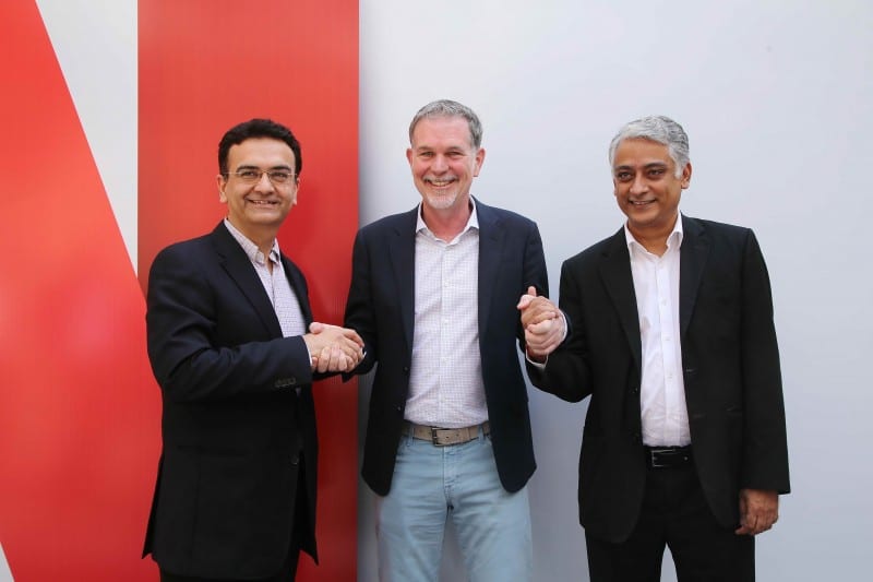 (L-R) Sandeep Kataria, Director Commercial, Vodafone India _ Reed Hastings, Co-founder and CEO, Netflix_ Himanshu Patil, COO, Videocon d2h Limited at Netflix's multi-platform