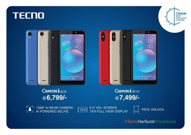 Tecno Camon iACE and Camon iSky 2 with 5.5-inch 18:9 HD+ display, face unlock launched starting at INR 6,799