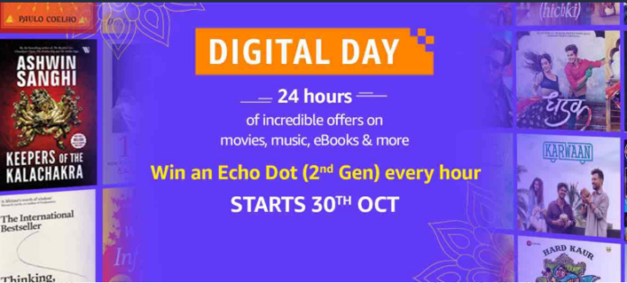 Amazon India is all set to host a 24-hours Digital Day for all Digital products and services tomorrow, October 30. This will be the third sale of the month after the Wave 1 and 2 of the Amazon Great India Sale. Amazon India will offer the best discounts to customers seeking to go digital which include offers and deals on products from Amazon Pay, Gift Cards, Amazon Devices, Kindle eBooks, Kindle Unlimited and several exclusive launches from Prime Video and Prime Music. Offers Payment Use BHIM UPI and RuPay cards get 10% cashback up to ₹50 Customers using their Debit and Credit cards for their first ever digital transaction on Amazon get 50% back up to INR 100 Amazon Devices Upto 30% off on Amazon Devices - Echo, Fire TV, and Kindle E-readers. Purchase on Digital Day and win an Echo Dot hourly Kindle Content Kindle eBooks – 50% back on any e-Book (up to INR100) Up to 80% off on popular e-Books. Kindle Unlimited – 6 months KU subscription at INR 799(INR 200 off) Kindle Unlimited Exclusive launch for Digital Day - 24 months KU subscription at INR 2799(INR 1977 off) Prime Music 500 Prime members stand a chance to win INR 250 as Amazon Pay balance on Digital Day by sharing their favourite song, album or playlist on Facebook/Twitter to win. 17 specially curated playlists including 11 Diwali party playlists and 6 Laxmi Puja playlists Prime Video Exclusive digital launch of latest Akshay Kumar starrer, Gold Sign-up for Prime annual memberships on Primevideo.com, watch a movie or TV show and get INR 250 cashback as Amazon Pay balance Amazon Pay Deals Up to 25% off on Branded vouchers, Up to 10% off on Travel vouchers Up to 7% off on Gold vouchers Up to 10% off on Fashion vouchers Customers can schedule Amazon Pay email gift cards ahead of Diwali and get 5% cashback up to INR 100 Customers using Amazon Pay get up to INR 100 back on bill payments and recharges on Amazon and up to 40% back on their favorite apps like Swiggy, Yatra, BookMyShow and RedBus Are you planning to buy anything on the Amazon Digital Day tomorrow? Drop a comment and let us know, follow us on Twitter for more news and updates.
