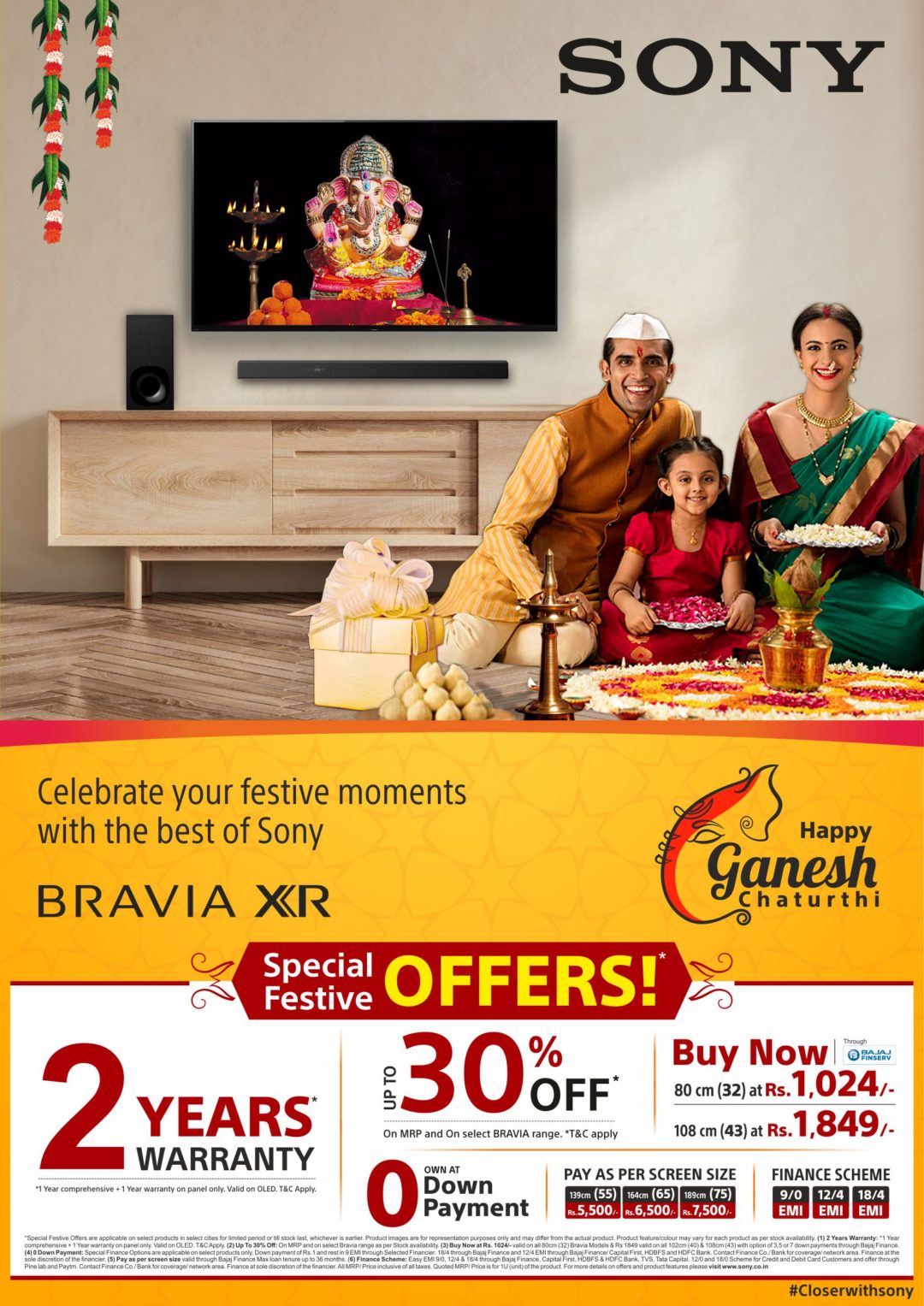 ⦁ Get the best home entertainment experience with amazing 30% discount along with easy EMIs starting Rs. 1,024/- and 2 years warranty on OLED televisions To cater to an upsurge in demand for large screen televisions with the latest technology, Sony India has announced an exciting discount of up to 30% on MRP on select BRAVIA televisions along with 2 years warranty (1 year comprehensive + 1 year on Panel only) on BRAVIA OLED televisions. Keeping the ease of buying in mind, Sony has launched an EMI scheme starting from Rs.1024/- so that customers can upgrade their experience to the new range BRAVIA televisions with XR Cognitive Processor, Google TV, Dolby Vision, Dolby Atmos and 4K 120fps. ⦁ Enjoy discount of Rs. 20,000/- on the purchase of select Full-Frame camera body along with lens, get Pro-Style camera backpack free with A7SIII and B&W Type 6600 carry case free with FX6 Cinema Line camera and avail extended 2+1 years warranty. Customers can now save Rs. 20,000/- on the purchase of select Full-Frame camera body along with lens. Get Pro-Style camera backpack worth Rs. 9,990/- free on the purchase of A7S III Full-Frame mirrorless camera and a B&W Type 6600 carry case worth Rs. 22,990/- free with FX6 Cinema Line camera, which have industry-leading digital cinema technology with advanced imaging. Additionally, Sony is offering 2+1-year warranty on the purchase of select camera models. ⦁ ‘Create Your Own Cinema at Home’ with attractive soundbar combo offers With a wide range of Sony Soundbars to choose from, customers can now create true cinematic experience right in the comfort of their homes. Customers can save up to Rs. 10,000 on purchase of soundbar with a BRAVIA television from 102 cm (40) and above. ⦁ Save up to Rs.7,000 on purchase of the new ‘X Series’ portable wireless Speaker Customer can now save up to Rs.7000/- with all new X-Series range of the speakers are specially designed to provide a powerful and wide-spread sound to compliment any genre of music. Whether you are listening by yourself or with a group of friends, the new X-Series speakers match everyone’s style. You can choose a speaker that perfectly suits you with a wide range of choices on sound quality, portability, durability and lighting. ⦁ Avail easy finance offers during this festive season Enjoy easy EMI of 9/0, 12/4 and 18/4 and avail easy finance schemes with no processing fees with select partners. These special offers are valid from August 27, 2021 and will continue till September 19, 2021.