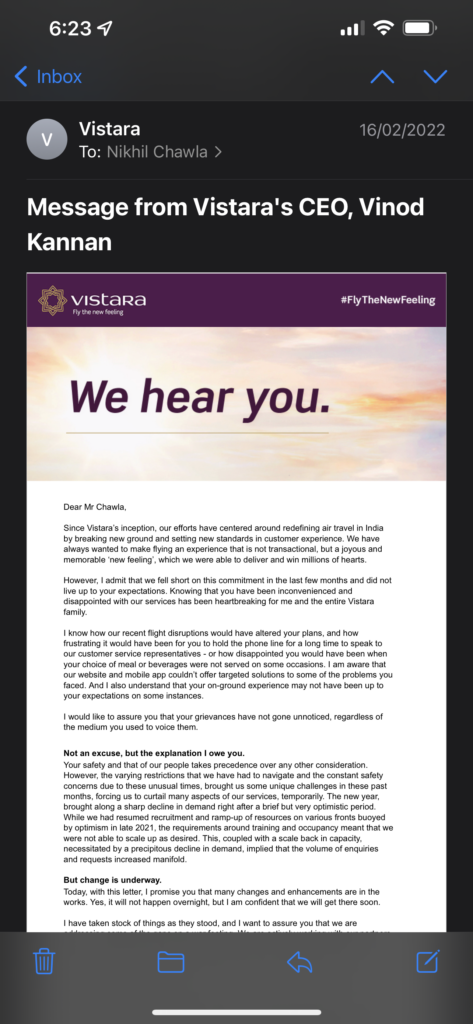 Vistara Business Class Letter from CEO